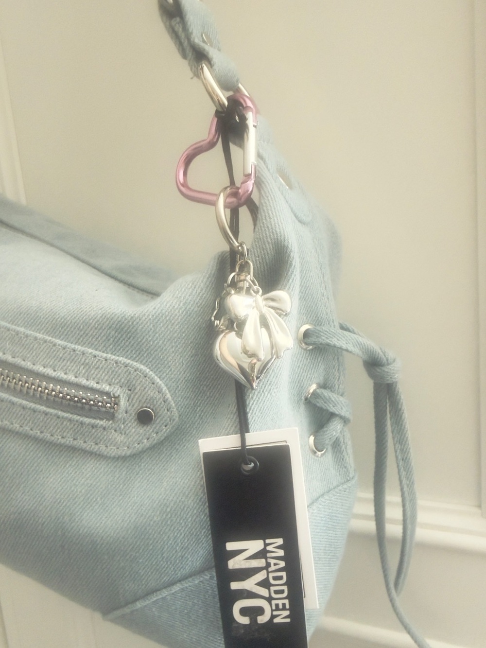 🩵 Madden NYC Denim Chambray Light Blue Grommet Shoulder Bag - New! - Picture 9 of 13
